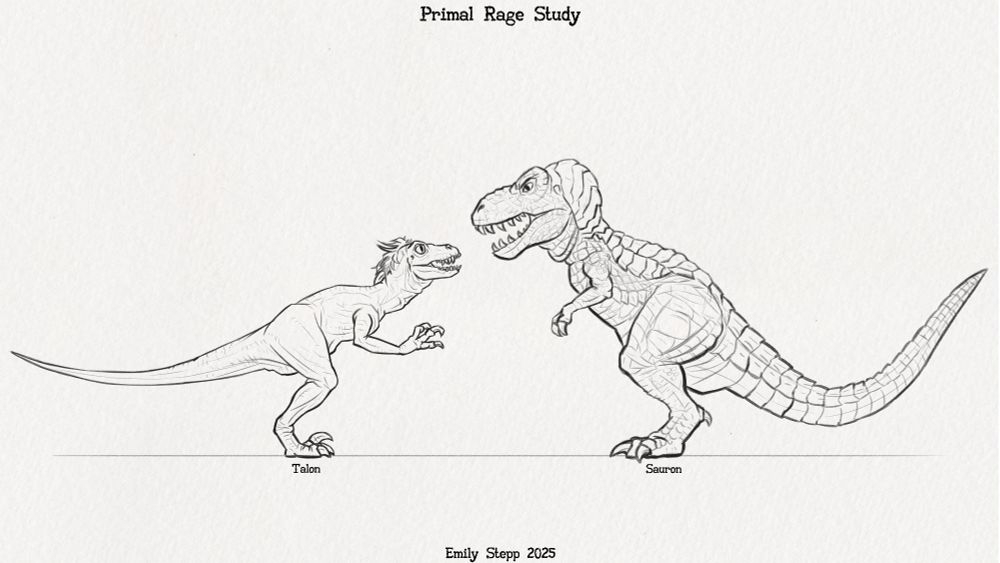 Digital pencil style line study sketch of Talon the raptor and Sauron the T. rex from Primal Rage facing one another in a flat orthographic standing pose without the limbs on the far side for simplicity and no shading. 