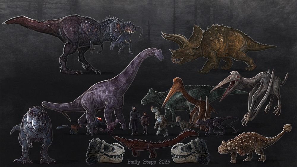 Digital sketches. Left to right and back to front are: Mutant Tyrannosaurus holding normal infant Tyrannosaurus, giant Triceratops that replaces the 'quadrex', dwarf titanosaur, Edmontosaurus regalis, Acheroraptor, Dsungaripterus, fictional small ankylosaur between Stegouros and Jakapil, regular Homo sapiens from Earth in the future, Anzu, Quetzalcoatlus northropi, Pectinodon, mutant giant dromaeosaur replacing the tree lanky 'Lagosuchus', mutant Quetzalcoatlus, normal Tyrannosaurus, Pannoniasaurus-like freshwater mosasaur replacing the finned creature in the swamp that is never fully revealed, injured normal Ankylosaurus.