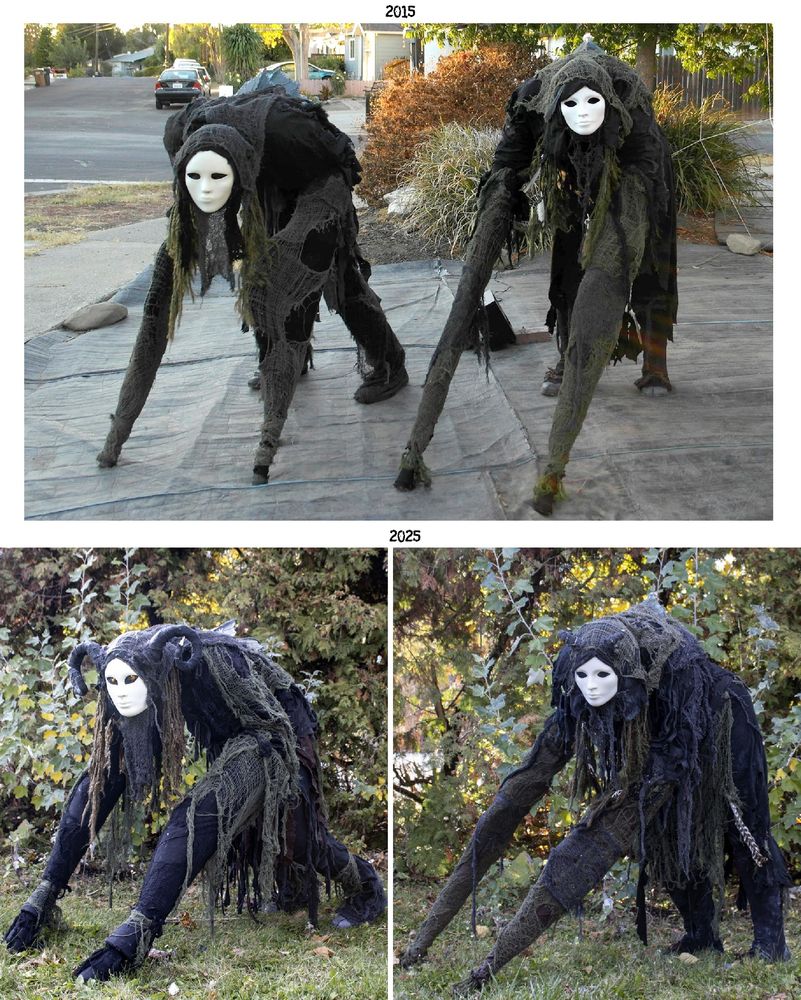 Quadrupedal forest spirit costumes based on the stilt spirit costumes that became famous around that time, but without the stilts because we found out the hard way how easy it is to fall in them so we just use forearm crutches and plantigrade feet. Both have blank white faces and yarn for hair along with eclectic creepy cloth clothing. 