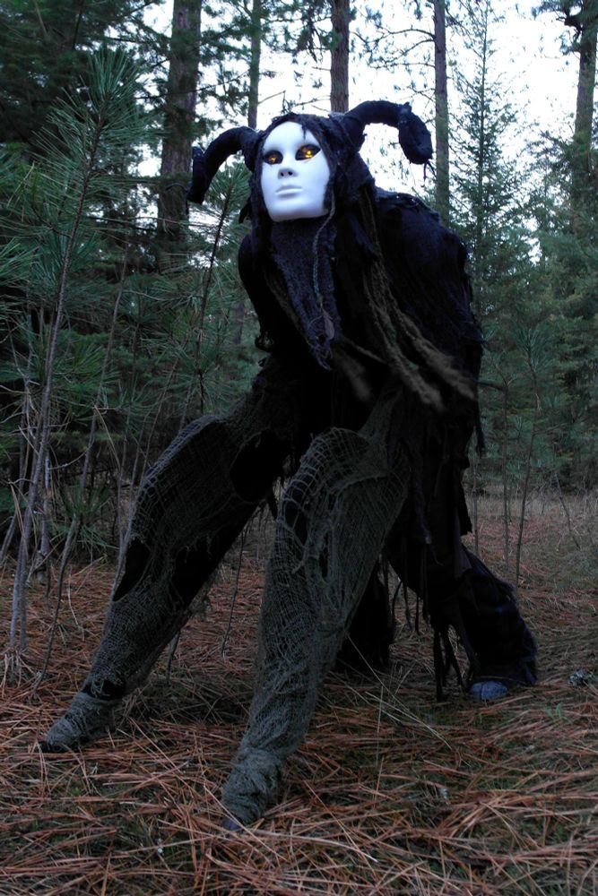 Photo of my partner's quad Halloween costume in 2016 standing in a forest.