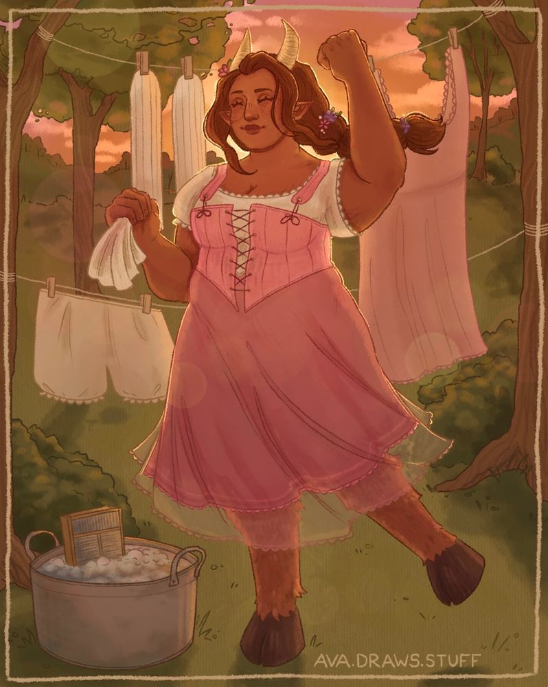 A drawing of Nadia, a satyr, wearing pink cottagecore aesthetic clothing. She is dancing while doing laundry outdoors while the sun sets behind her
