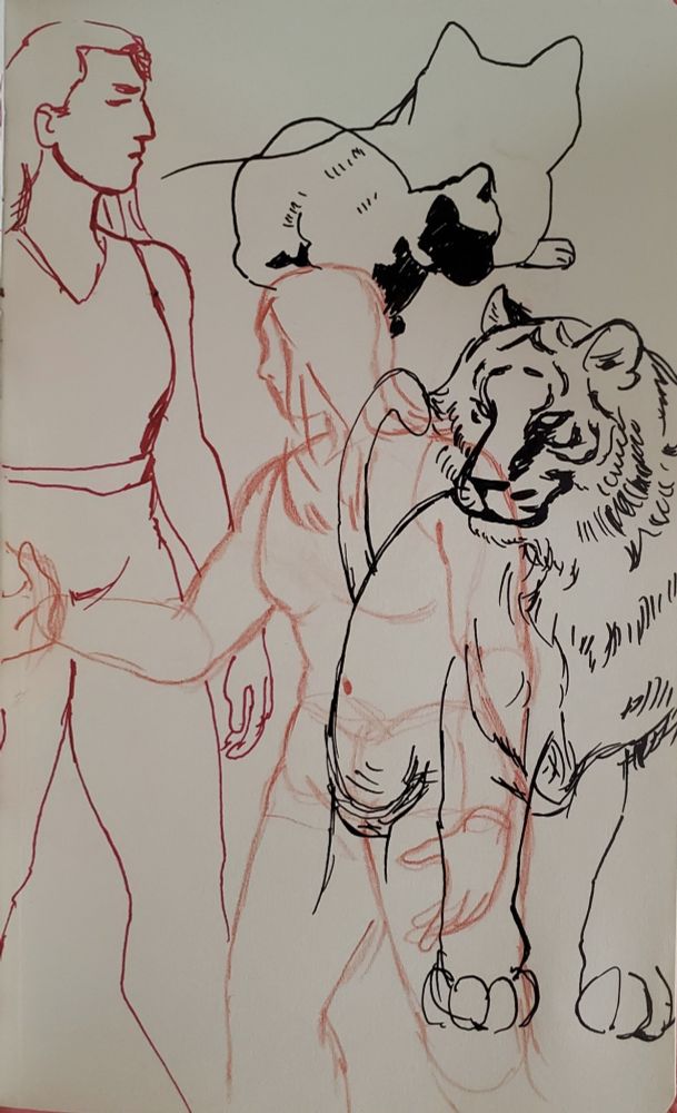 A sketchbook page featuring figure drawings, a loafed cat and a tiger.