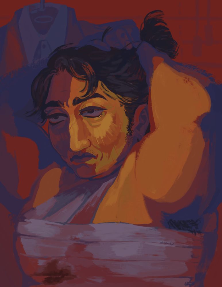 A digital painting of a character with a bandaged chest putting their hair in a bun. They are pale-skinned and fat with dark, greying hair, and a lined, scarred face. They are staring dead-eyed ahead and are grimacing. Blood is leaking through their bandages under their right pectoral. A military uniform is hanging on the wall behind them. There are also window blinds behind them.