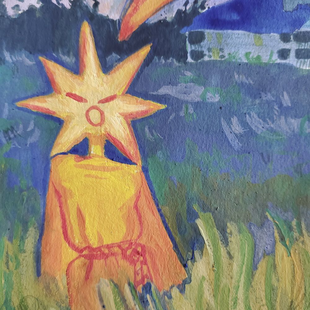 A gouache painting of a star person standing in a grassy field.
