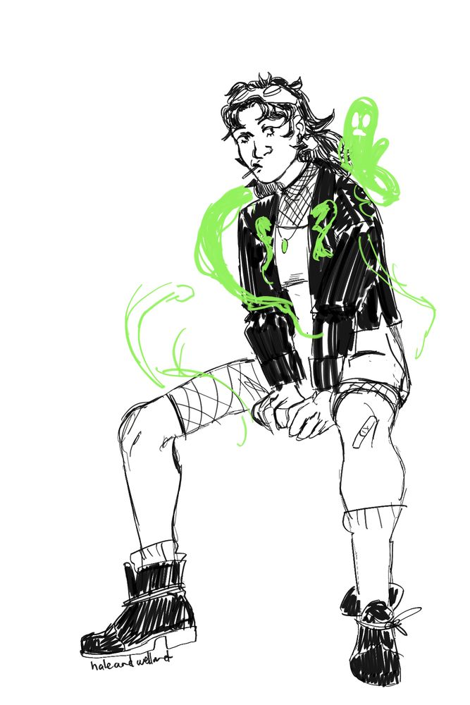 A digital sketch of a ghosthunter oc named Bird who is sitting with a lolipop in her mouth. Green ghosts float around her.