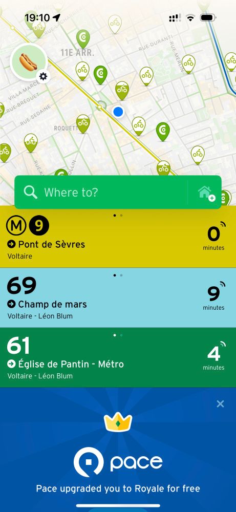 A screenshot of Transit app with several Paris metro and bus lines… and a notification that Pace (suburban Chicago bus operator) upgraded me to Royale for free