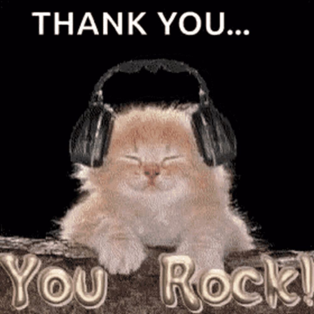 a cat wearing headphones with the words thank you you rock