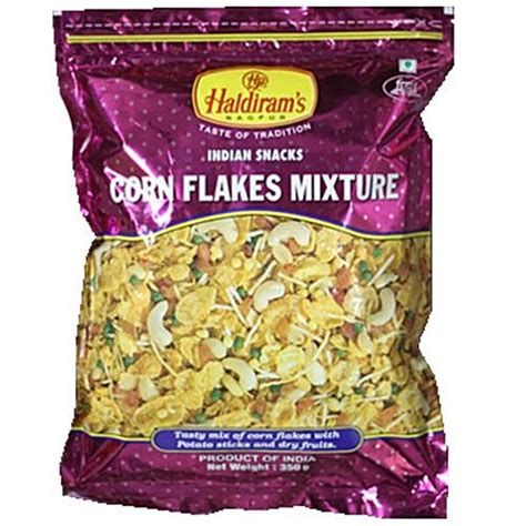 Purple bag also depicting photo of contents:  "Indian Snacks Corn Flakes Mixture," writing I can't see, and "Product of India."