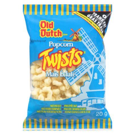 Photo of a 20g blue bag of Old Dutch Popcorn Twists with a window showing little nuggets that do not resemble anything close to popcorn.