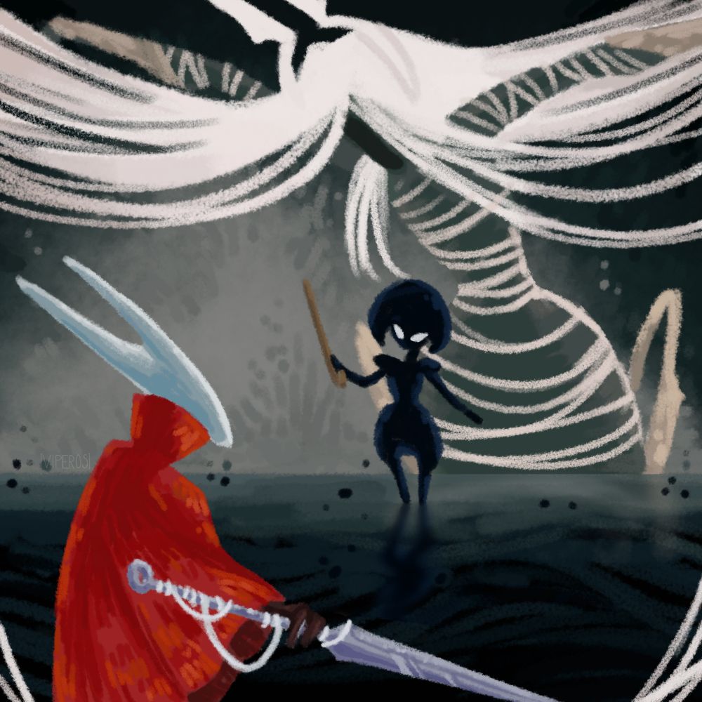 The point of view is behind Hornet. She is holding her needle out to her side in challenge, silk wrapped around the handle. Lace, covered in void, stands as her challenger across from her with a pin raised. Grandmother Silk looms over them both, dark and bound with her arms stretched out.