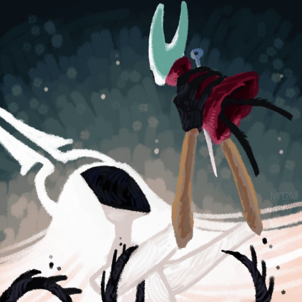 Grandmother Silk grabs Hornet in two of her hands as she is being dragged down by tendrils of void. Scene from the end of her fight, if the trap is set up.