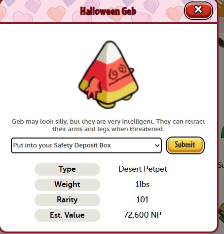 a neopets dot com item / petpet screen. 

text reads: Halloween Geb. Geb may look silly, but the yare very intelligent. They can retract their arms and legs when threatened. 