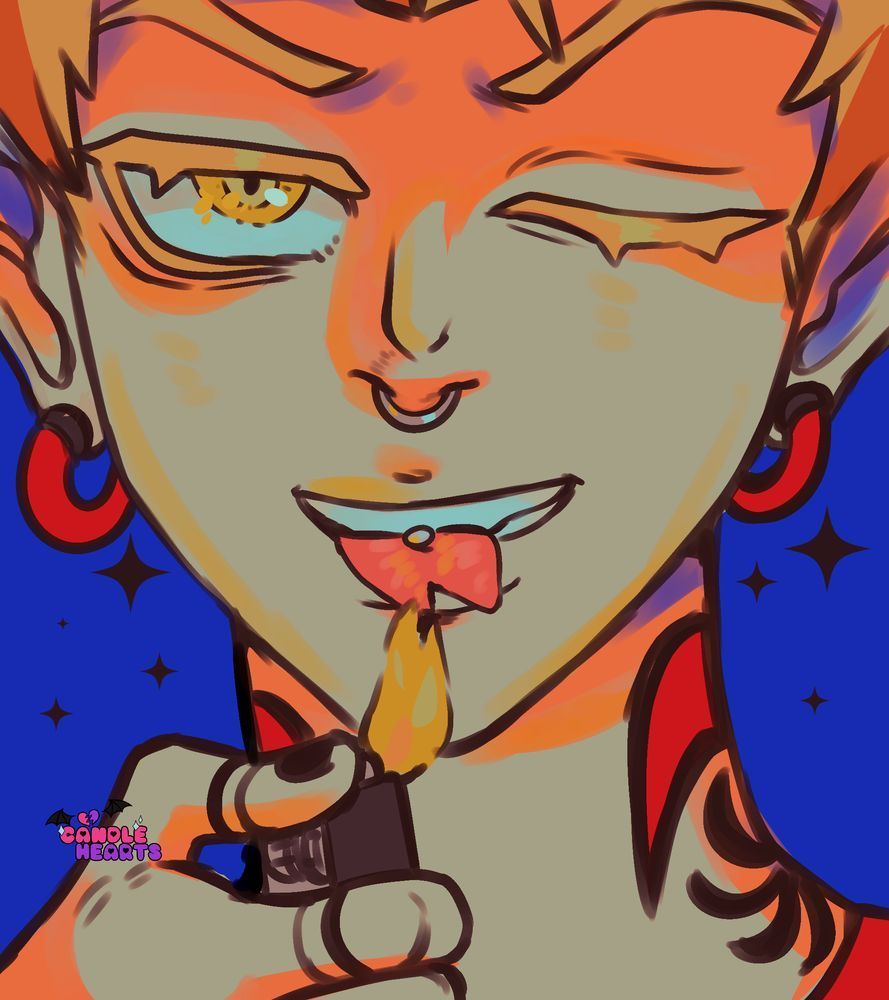 enjin from the anime and manga gachiakuta. he has dirty blonde hair pulled back, golden eyes, and is holding a lighter to his split tongue