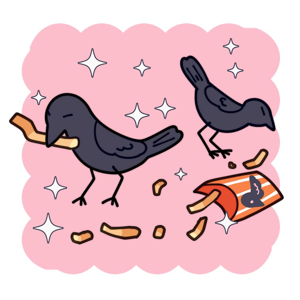 two crows eating french fries surrounded by a cute pink background