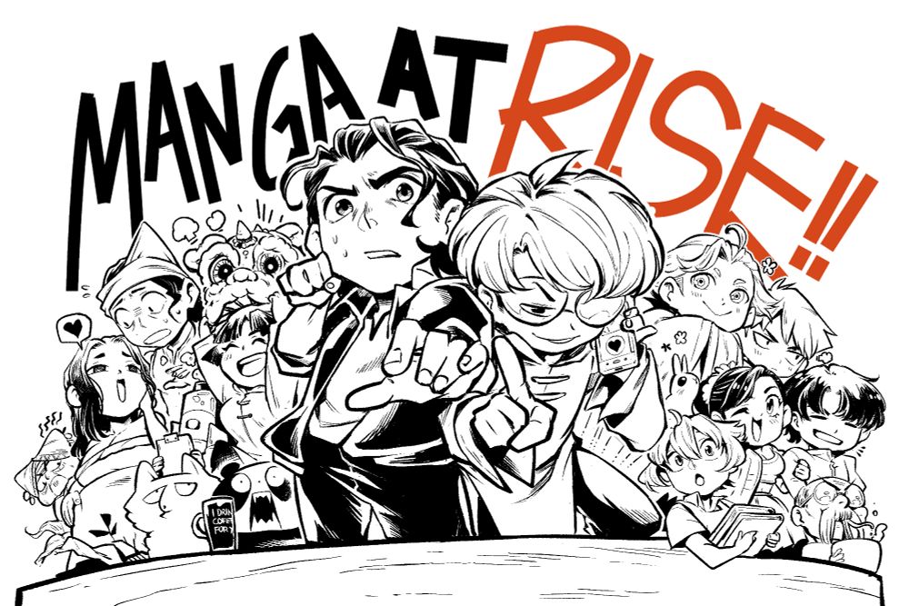 An image of different original comic IPs (and our artist sonas) freshly brewed from RISE.