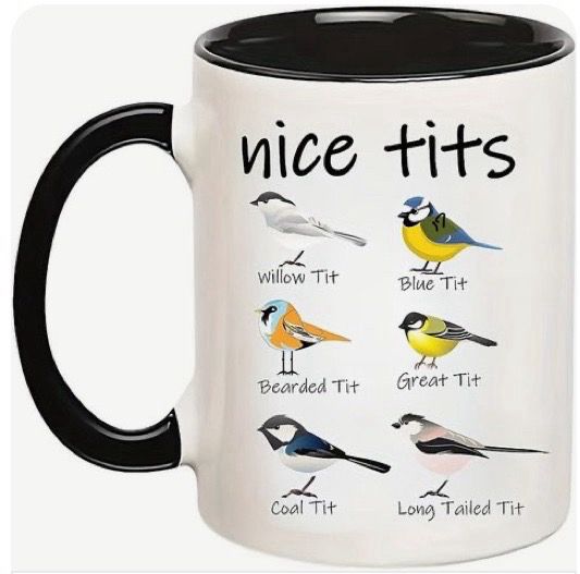 Mug showing pictures of different varieties of birds in the tit group with “nice tits” around the brim 