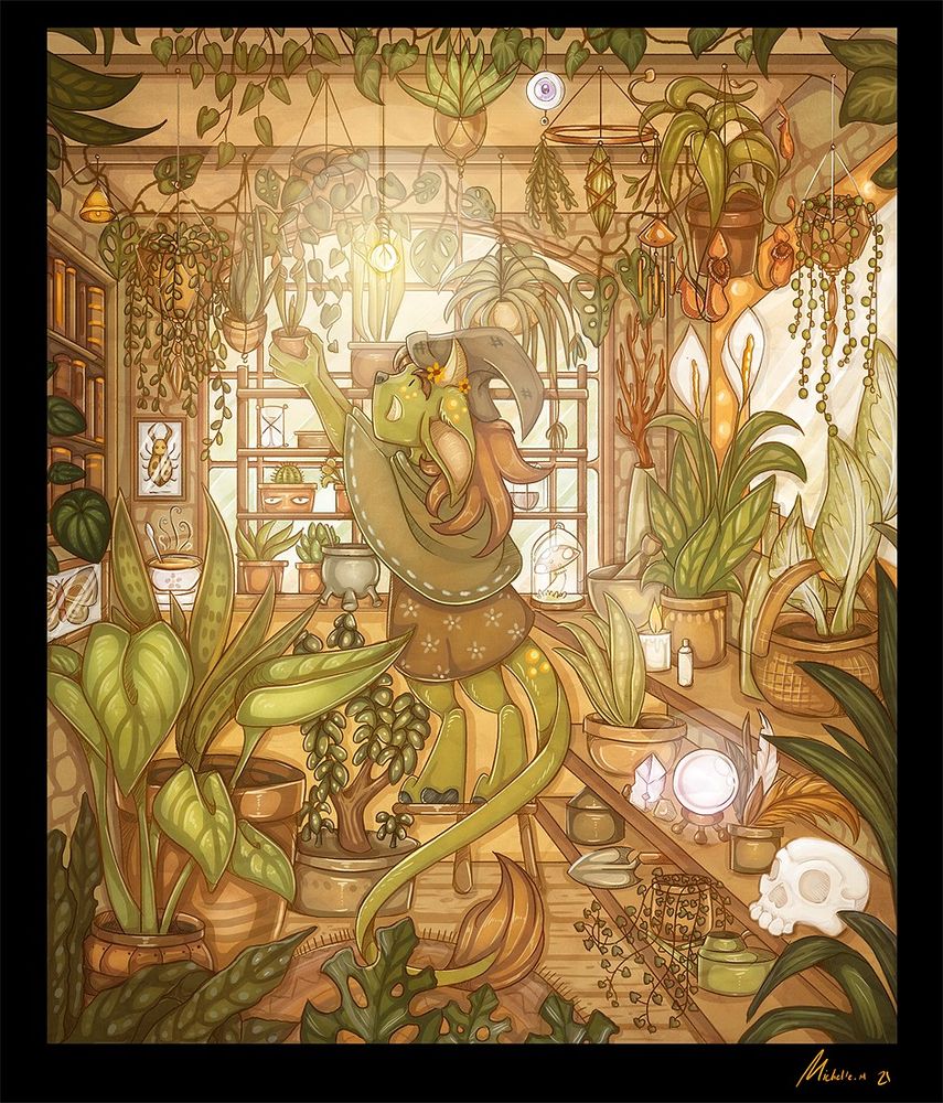 small troll tending to her room full of trinkets and plants. warm pallet