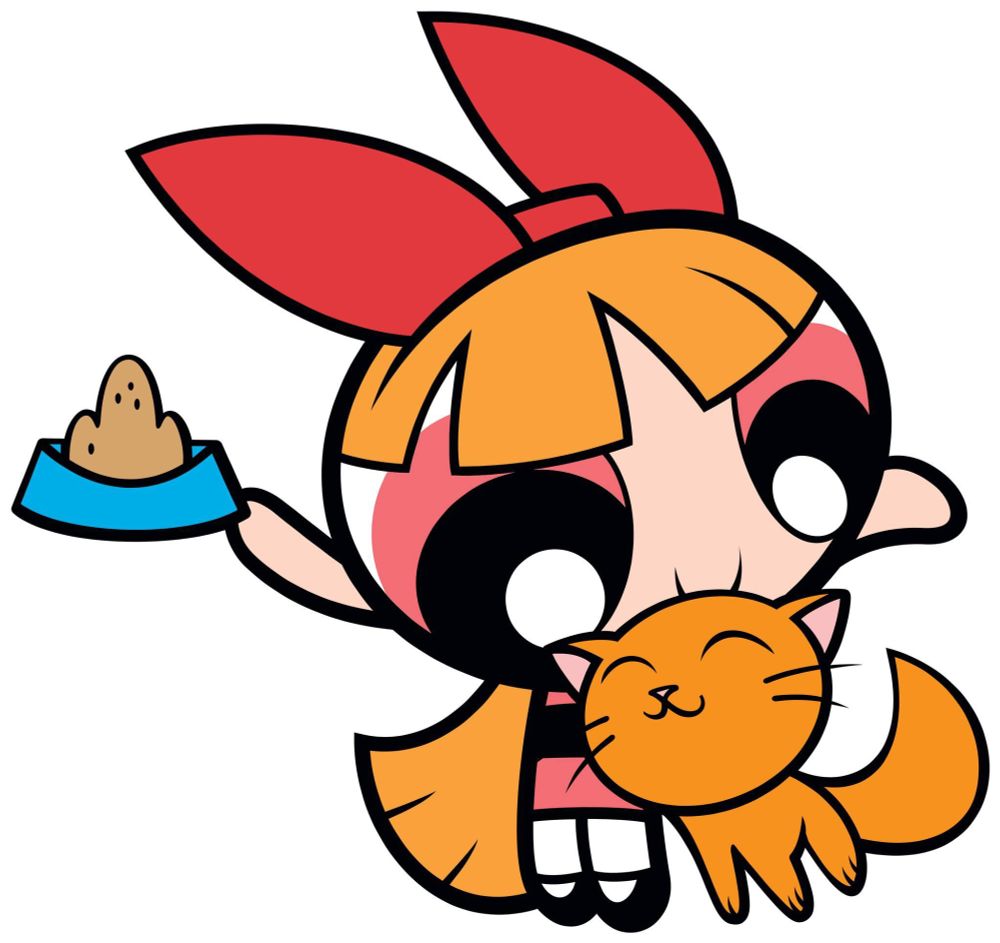 blossom (from the powerpuff girls) with cat food and a cat 