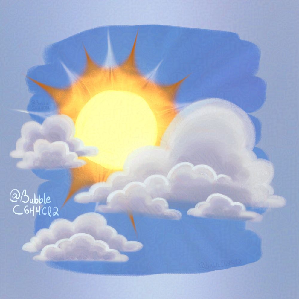 A cute illustration of a day sky with a yellow and orange sun and some fluffy clouds