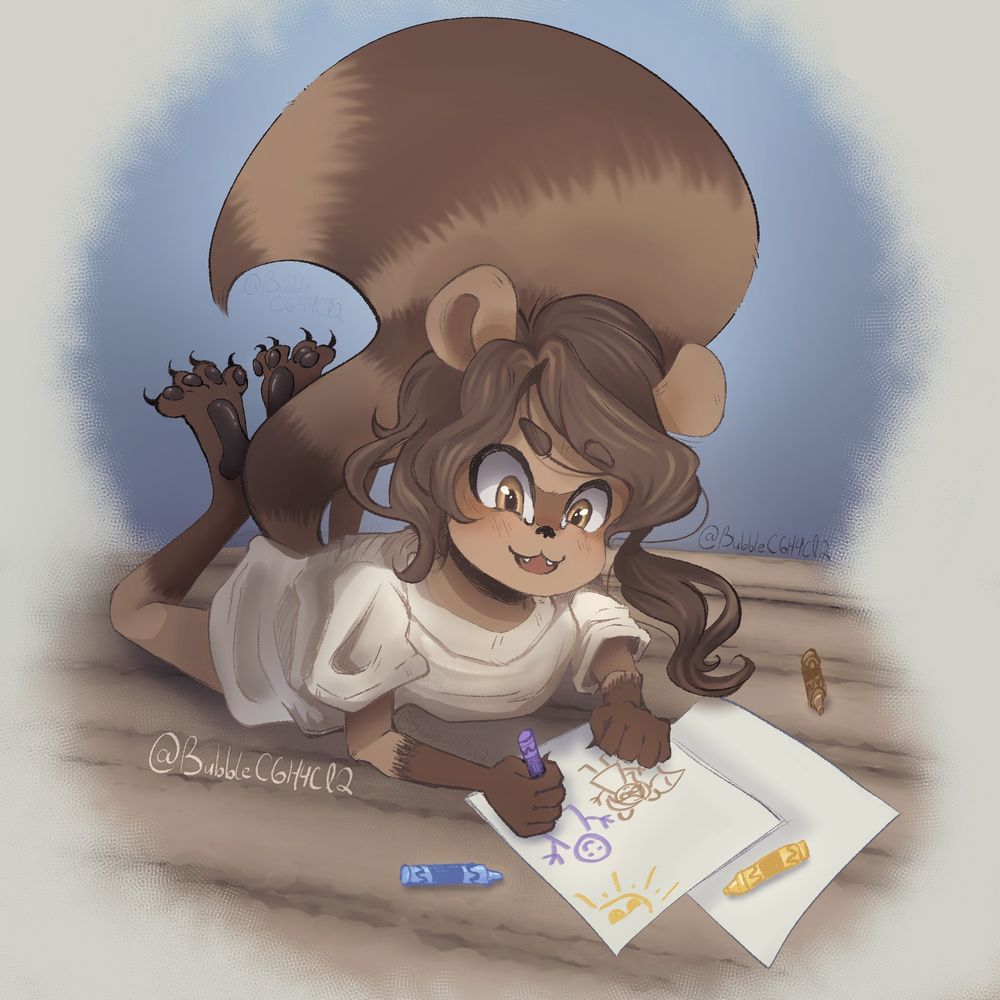 An anthro raccoon boy laying on his stomach drawing with crayons (fanatic of Mitch the raccoon boy my MageBunkshelf)
