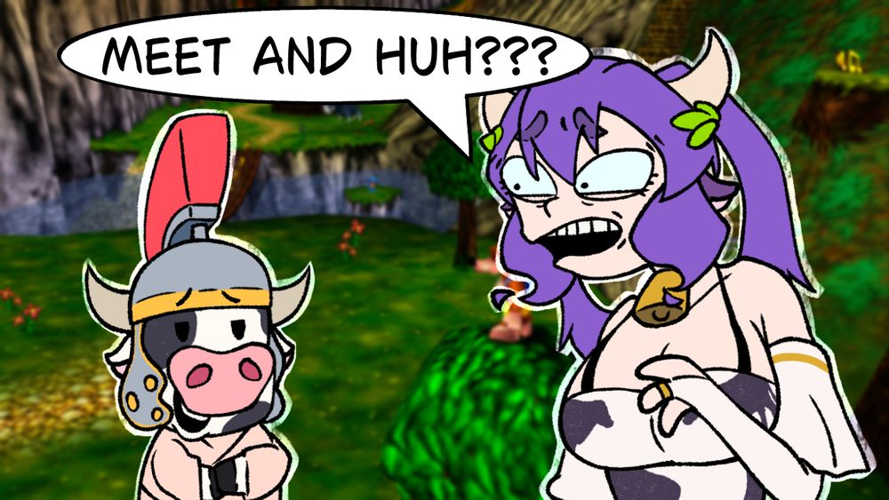 An illustration of Romolla's vtuber and Cowstantine(the mascot for chat). Cowstantine has their arms crossed and a cocky expression on their face. Romolla has a dismayed expression and above her is a text bubble that reads, "MEET AND HUH???". It is a reference to the Family Feud Meet N' Fuck Adventure meme