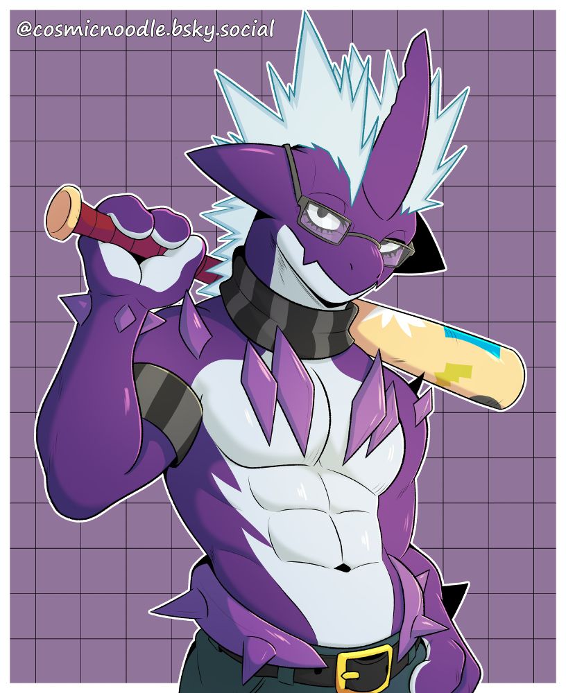 Image is a digital drawing of an anthropomorphic low-key toxtricity, he is slightly muscular with purple and white skin, he's wearing pants with a belt, glasses, an armband and a neckwear. He's holding a baseball bat behind his head on his shoulder, 