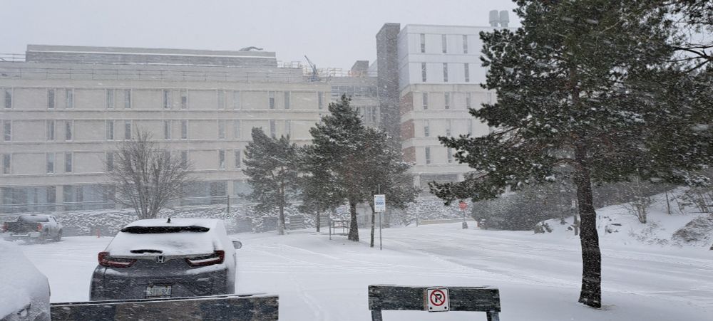 Laurentian University (Fraser Building) with snow falling and accumulating on April 7, 2025.