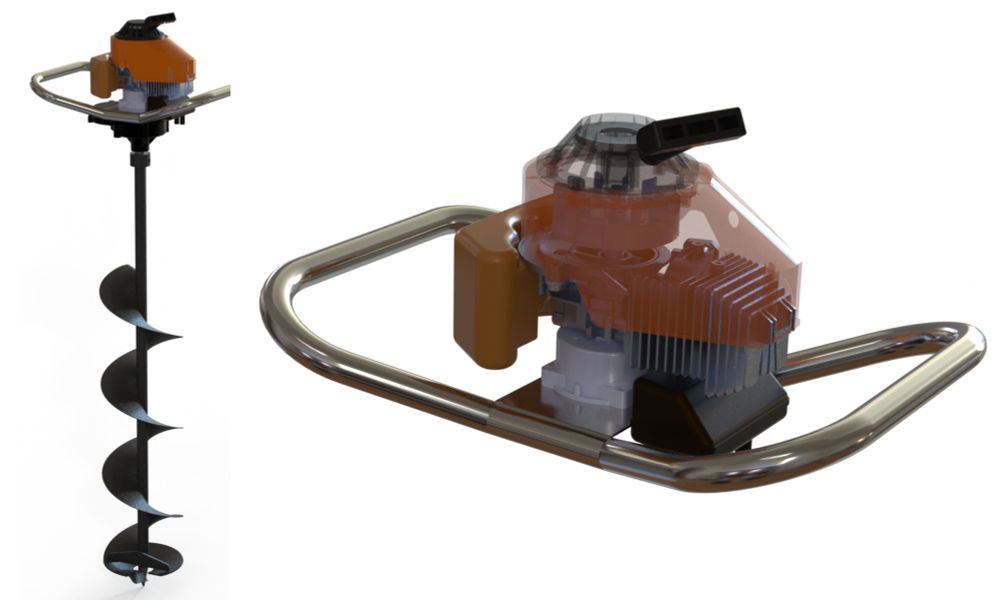 Rendering of a CAD model of an ice auger, with a detailed view of the engine and handle.