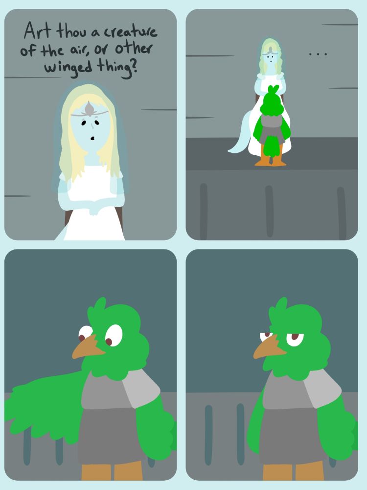 Yorshka continues: 
Art thou a creature of the air? Or other winged thing?
A green and orange birdsona looks over their own wings, then gives Yorshka a disappointed look. 