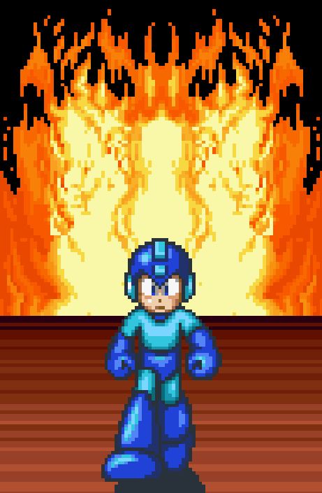 Mega Man walking away from a burning wily's castle