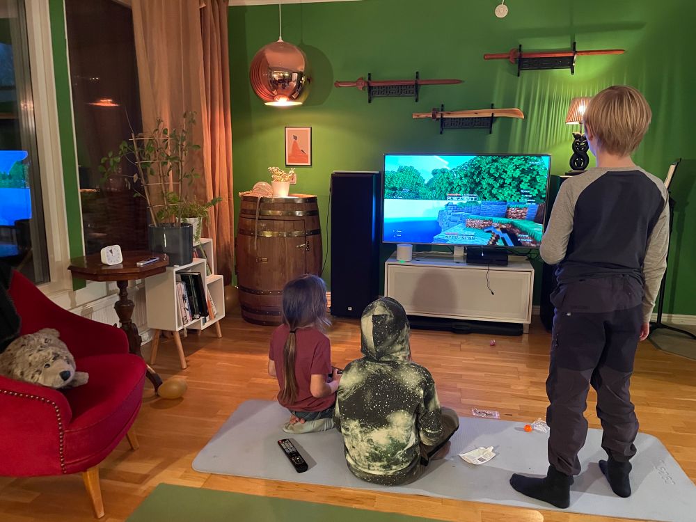 Vardagsrum. Tre barn (7–9 år) sitter respektive står på golvet och spelar tevespel. På väggen hänger träsvärd. På en fåtölj vilar en gosedjurssäl.