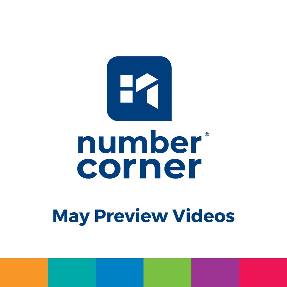 Number Corner Logo with the words May preview videos below it with a color bar at the bottom of the image using the bridges grade level colors. 