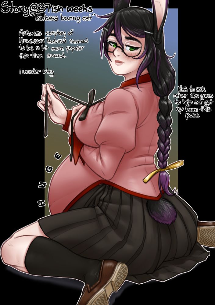 Sadly, this was the last con Story is likely to attend while she was pregnant.
She noted a while ago, during her first pregnant cosplay as Sailor Saturn that she was quite popular.
After a bit of modifying to get the jacket and skirt to fit her belly, Astoria revisited her cosplay as Tsubasa Hanekawa from the monogatari series.
This particular pose was one she saw and liked. Hanekawa sitting on her floor, an arm scooped under one breast and untying her tie, looking back over her shoulder. Though Story did it more seductively than Hanekawa did.
Though didnt really think it through once she was down there on the floor, her belly actually touching the floor between her legs.
She had to enlist a couple of the con goers to help her up off the ground.