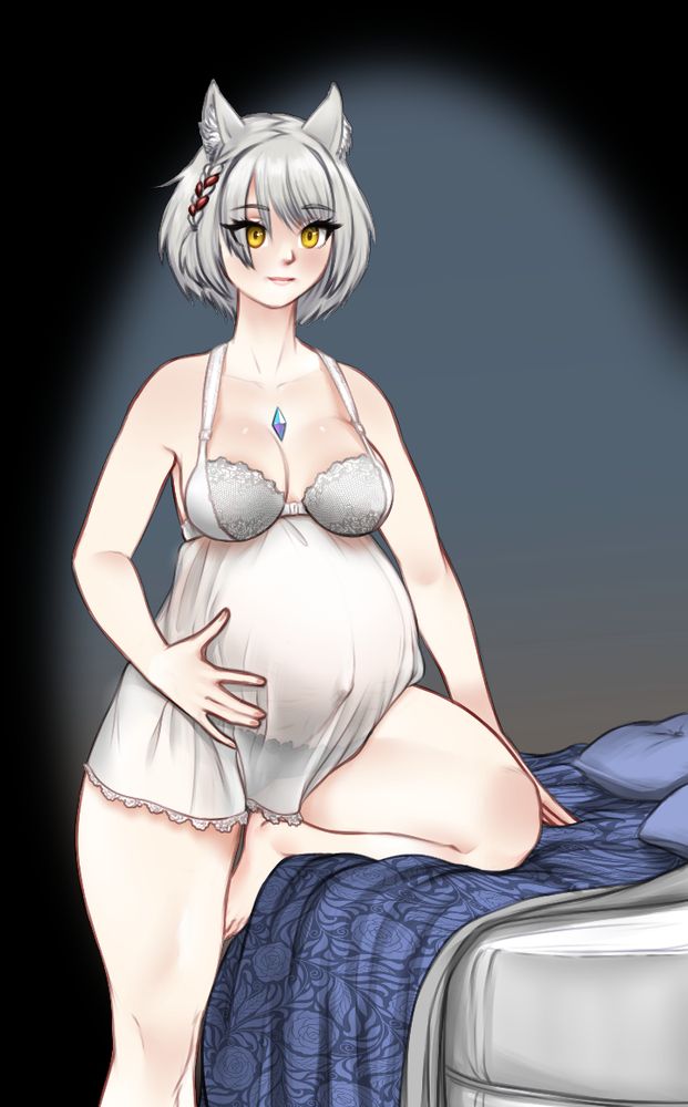 Mio rubbed the side of her swollen pregnant belly as she got her leg up onto the bed.. Headed to sleep if she could find a comfy enough position where the baby wasnt pressing on something.