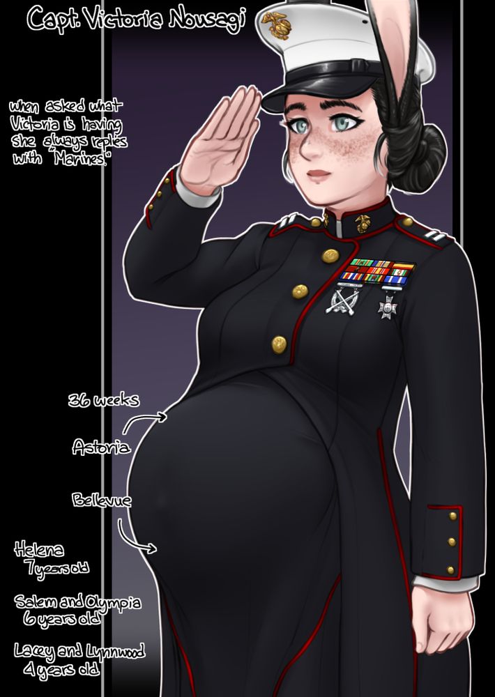 Joining the US Marine Corp at 18
Officers candidate school at 20 (4 years)
Lieutenant 2nd at 24
Had Helena at 25
Had Salem and Olympia at 26
Lieutenant 1st at 27
Had Lacey and Lynnwood at 28
Overseas tour of duty
Captain at 31
Had Bellevue and Astoria at 32
After Victorias 28 years of service. Retired as a LtCol at 52

Now she gets to be grandma