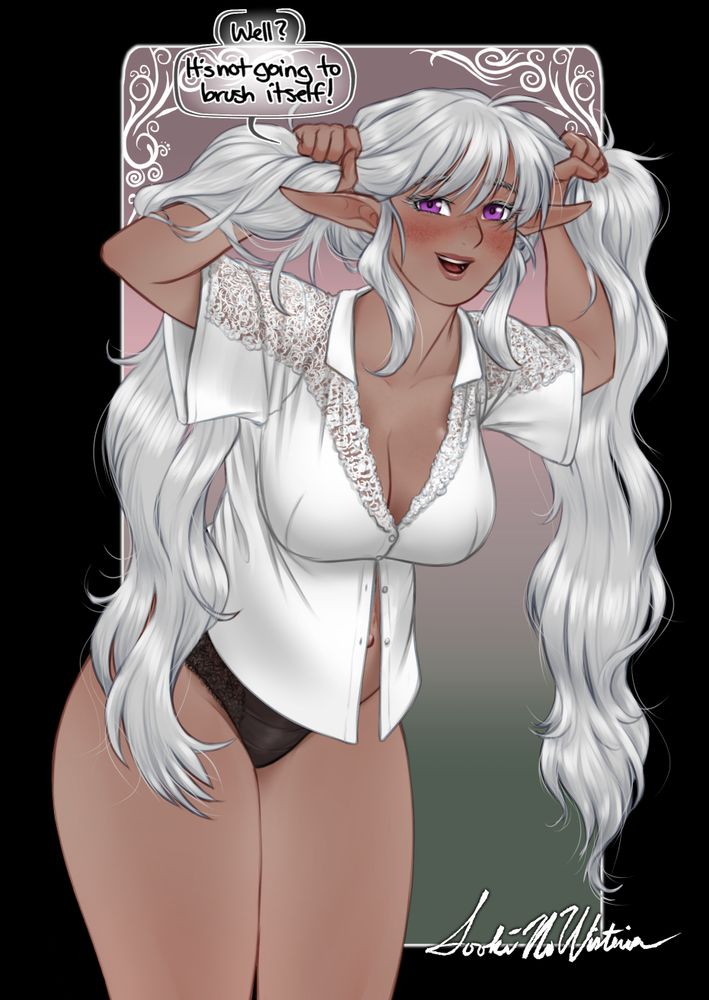 It takes Sooki quite a while to wash her hair in the mornings. Getting her long silver hair brushed out afterward was an even longer chore. 
Grabbing her hair in both hands near the sides of her head, she leaned forward and smiled at you, giggling a little. 
"Well? Its not going to brush itself" she said cheerily, a twinkle in her eye.
leaning forward her loose button down blouse scooped under her amble bosom, and hung away from the slight swell of her pregnant belly.