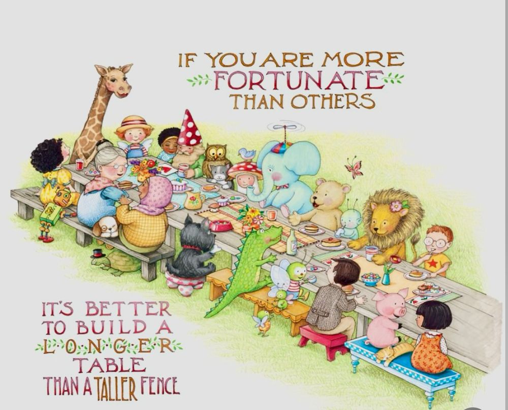 Drawing of a long table with different people and cute animal sharing a meal.