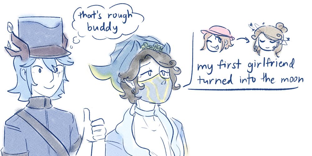 hippocampus, talking about velvety dreams who reincarnated into cosmic witch, saying "my first girlfriend turned into the moon." 2024 arbor day victor is behind him doing a thumbs up while thinking "that's rough buddy"