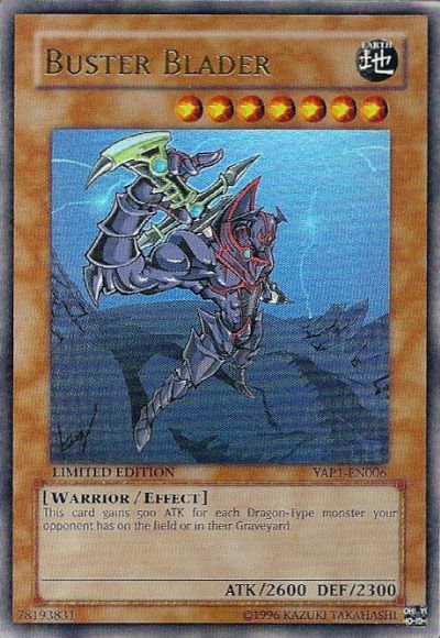 Image of "Buster Blader" card used as reference for artist's chosen pose above, art unique to 10th Anniversary Pack prints worldwide.