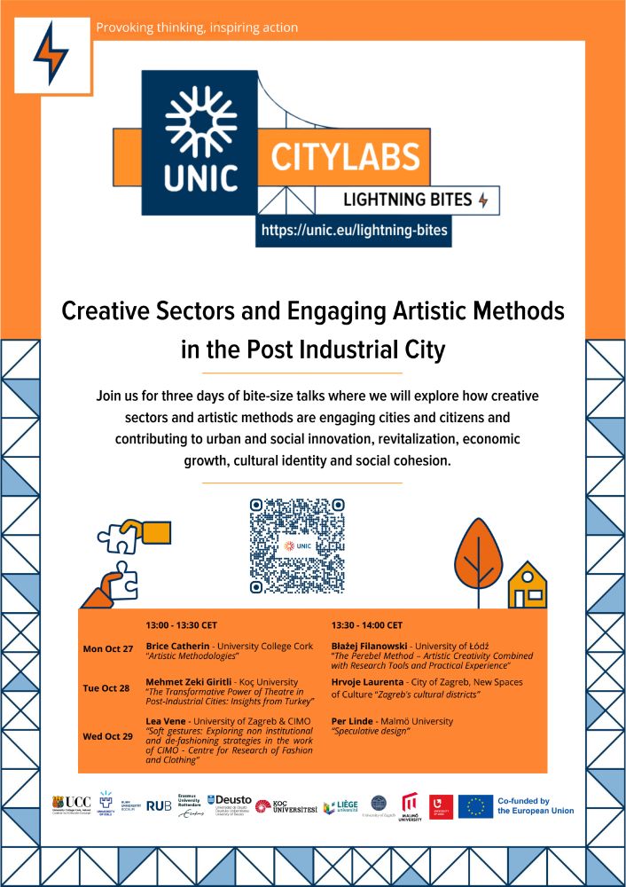 A poster for the UNIC "Lightning Bites" event, showing a schedule of speakers speaking between 13:00 and 14:00 CET on October 27-29, 2025, on the topic of "Creative Sectors and Engaging Artistic Methods in the Post-Industrial City."