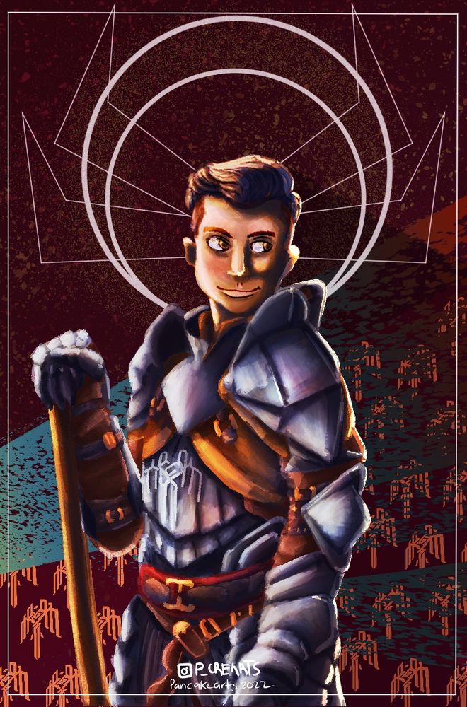 Digital drawing of Dragon age character Krem as if it was a in-game tarot card