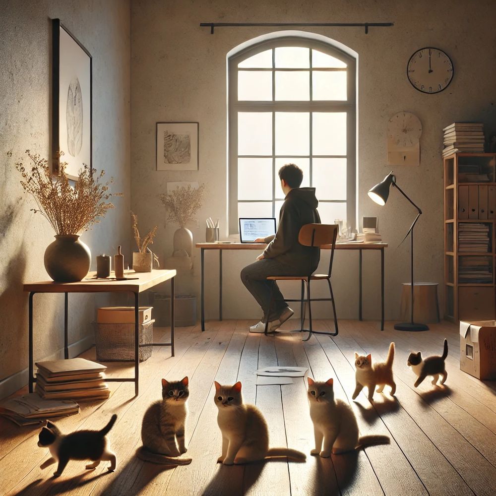 ChatGPT drew an illustration of me sitting in front of a window in a warm, sunny room working. Behind me are my cat and her five kittens