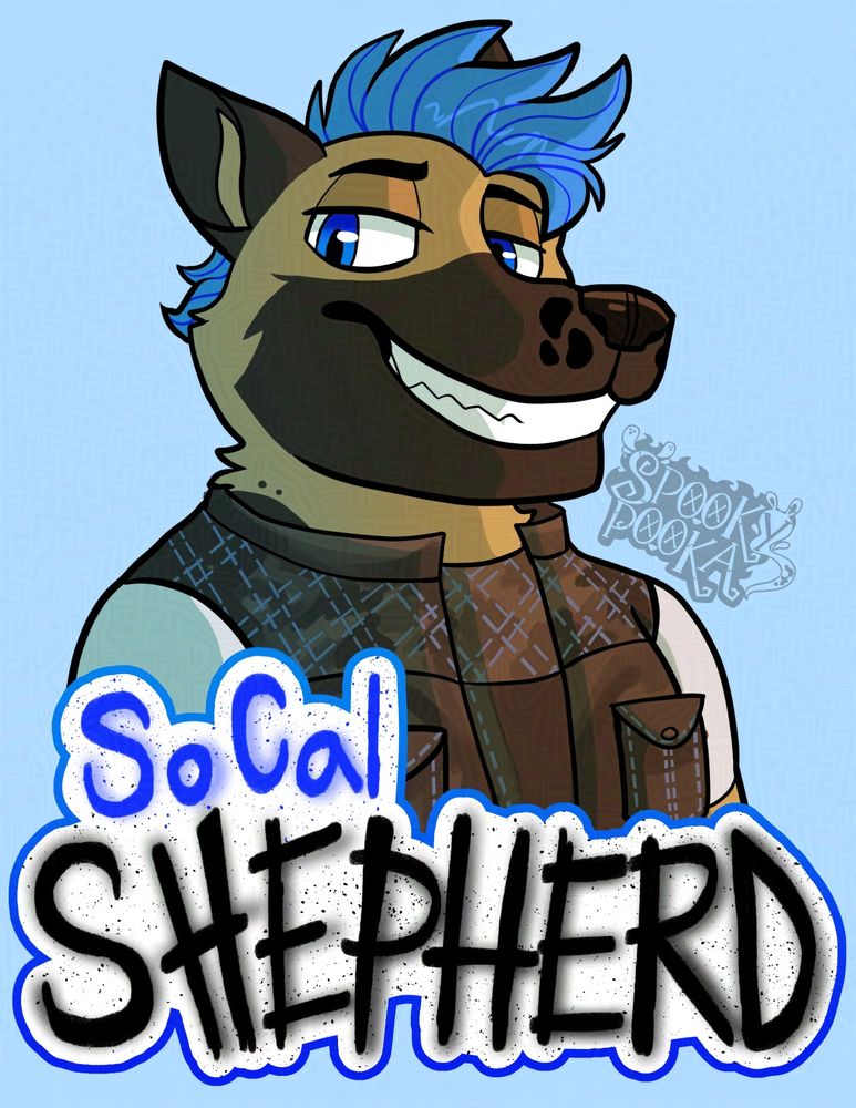 A badge of a bust of a German shepherd with the alias "SoCal Shepherd" underneath