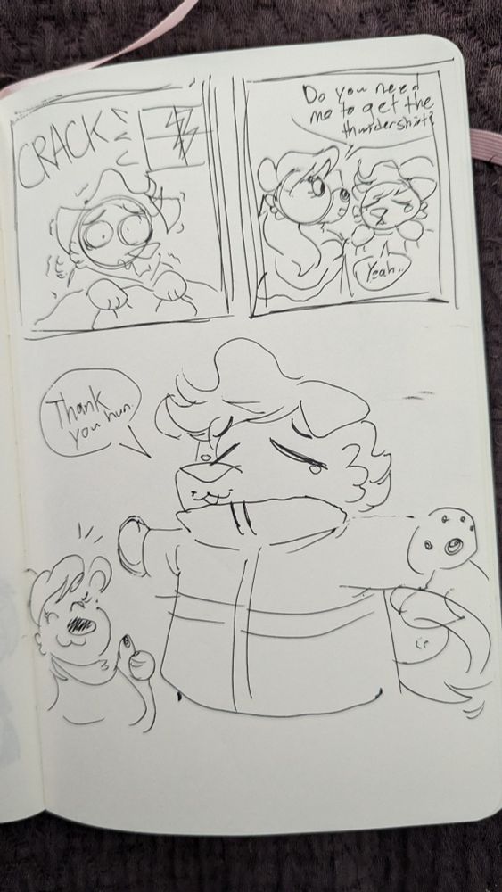 *THUNDER CRACK*
Penelope: "Do you need me to get the thunder shirt?"
Elliot: "Yeah..."
Elliot, now squished in his thunder shirt: "Thanks you, hun."