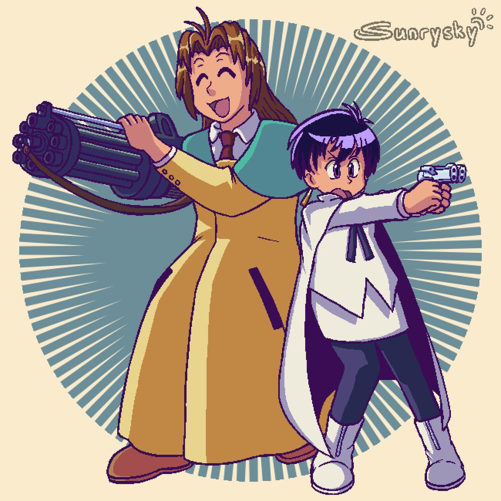 Milly Thompson and Meryl Stryfe from Trigun, standing shoulder to shoulder and pointing their signature weapons in opposite directions. Milly (on the left) holds a large stun gun in her arms which contrasts the blissfully cheery expression she wears, while Meryl (on the right) puts on an angry face while holding out two tiny pistols in each of her hands.
