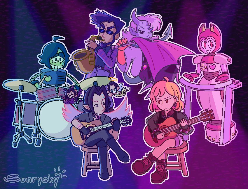 A group of characters performing with instruments as part of a jazz fusion ensemble. Clockwise starting from top left: Anton wearing shades and playing a saxophone with gusto; Ciel hovering in the air while playing a flute; Sudo motioning her hands over a keyboard without actually playing it; Satsuki playing bass and glaring angrily at her fellow strings player; Vindella giving a nervous expression in response to Satsuki's glare while her shoulder angel and devil cry and cover their ears listening to Vindella's poor guitar playing; Z-03 operating a drum set. Blue, purple, and pink spotlights can be seen highlighting the band from the background; characters on the left side are tinted with blue light while characters on the right side are tinted with pink light.