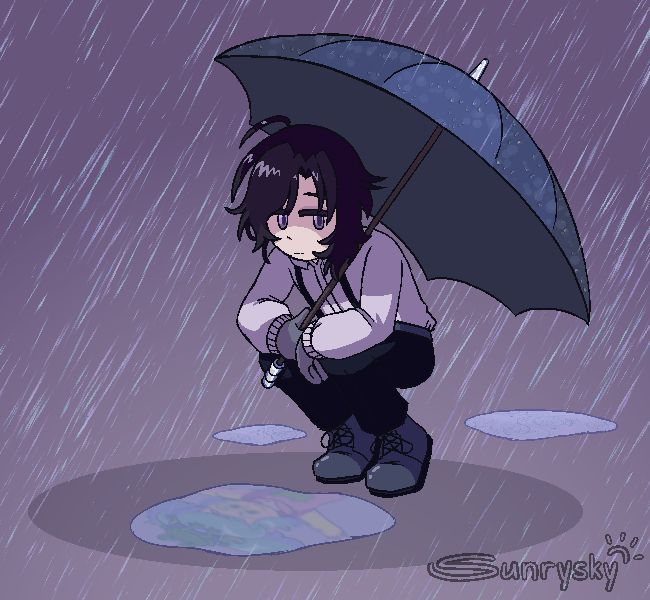 Kuro crouched down in a foggy area where rain is pouring. He holds an umbrella in one hand to protect himself from the rain. Puddles are located around where Kuro is standing; within the reflection of the puddle directly in front of him, Natsu can be seen.