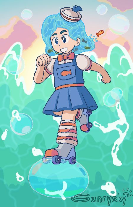 Bubbles in a sunset backdrop, with ocean waves rising around her. Several large bubbles can be seen floating around, and Bubbles appears to be hopping across them in order to get somewhere. Amidst her travels, one of the fish normally floating in her watery hair jumps out and makes a splash.