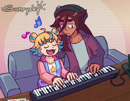 Cammy and Audrey seated together on a couch in their apartment, playing on a keyboard. Cammy sings to the best of her ability as she plays confidently, while Audrey leans on Cammy's shoulder with one arm and contributes using her free hand. The table the two are sitting at features a laptop which is connected to the keyboard as well as some papers with illegible scrawls on them.