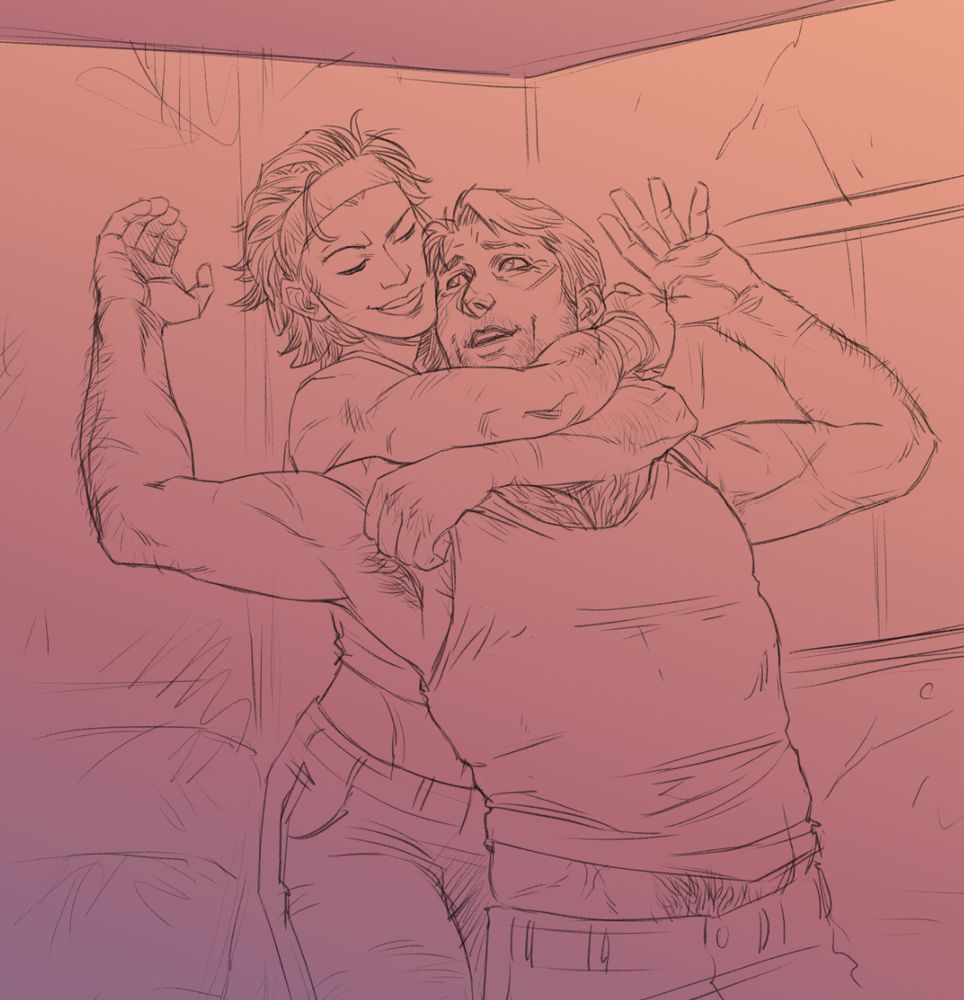 line drawing over a lavender-pink background gradation- Alyx wrapped bother her arms around Barney's neck/shoulders from behind, and he's got both arms up in surrender while being pulled back a bit. He's smiling but worried, she's got a mischievous smirk on her face.